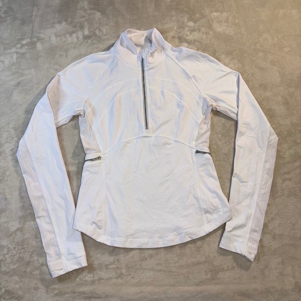 Lululemon White Half Zip Long Sleeve Running Top Mesh Panels Size 4 LW3BLWS